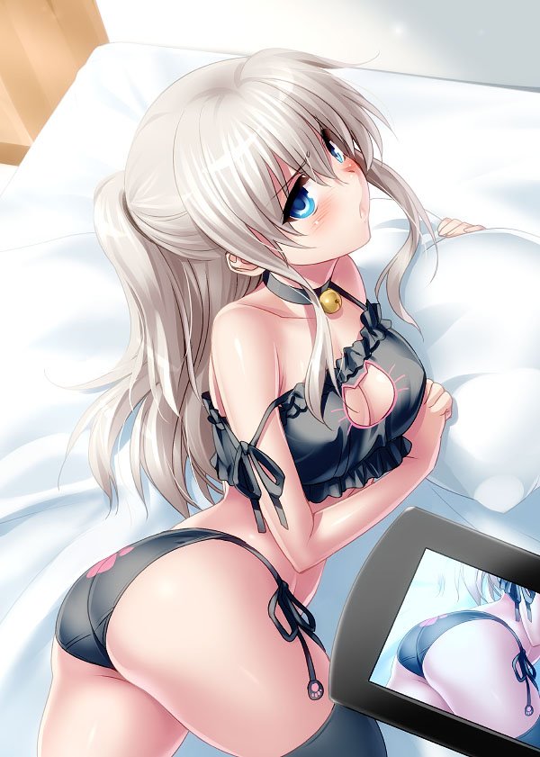 ass bed bell bell_choker blue_eyes breasts camcorder cat_cutout cat_ear_panties cat_lingerie charlotte_(anime) choker cleavage_cutout jingle_bell long_hair lying medium_breasts meme_attire on_side panties pillow recording side-tie_panties silver_hair solo strap_slip thighhighs tomori_nao two_side_up underwear zen
