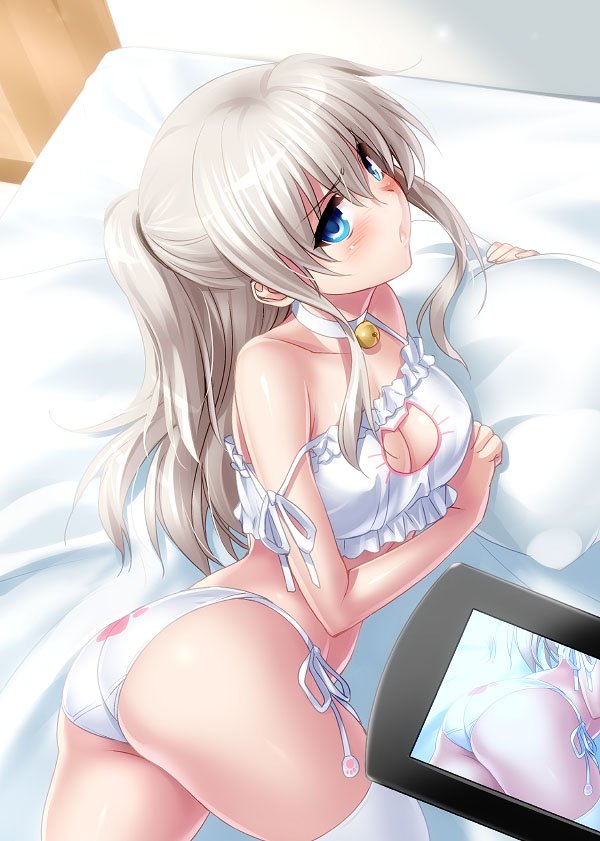 ass bed bell bell_choker blue_eyes breasts camcorder cat_cutout cat_ear_panties cat_lingerie charlotte_(anime) choker cleavage_cutout half_updo jingle_bell long_hair lying medium_breasts meme_attire on_side panties pillow recording side-tie_panties silver_hair solo strap_slip thighhighs tomori_nao underwear zen