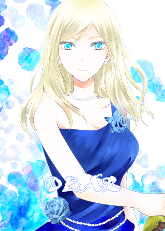 awashima_seri blonde_hair blue_eyes cover cover_page dress earrings flower hair_down jewelry k_(anime) long_hair looking_at_viewer necklace smile solo tonchiki upper_body