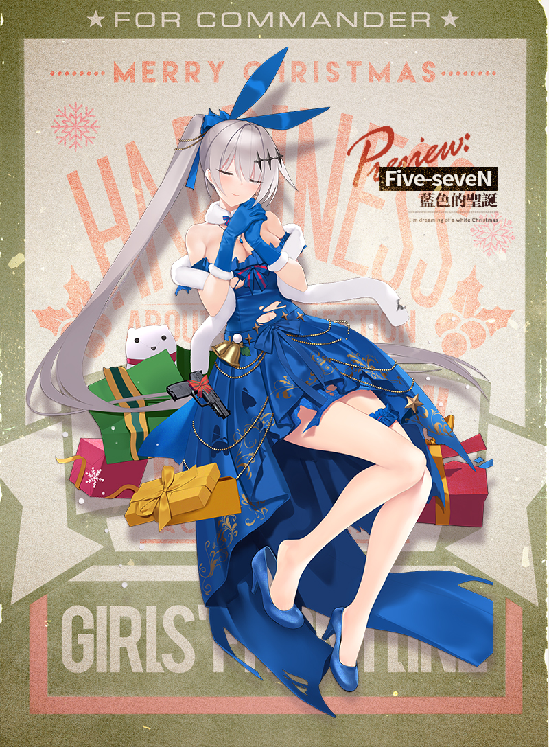 1girl :p alternate_costume anklet arm_up bangs bare_shoulders bell blue_bow blue_dress blue_footwear blue_gloves blue_ribbon blush bow breasts character_name cleavage crescent crescent_earrings damaged dress earrings facing_viewer five-seven_(girls_frontline) five-seven_(gun) fur-trimmed_gloves fur_scarf fur_trim gift girls_frontline gloves gold_trim gun hair_between_eyes hair_ornament hair_ribbon handgun hands_together high_heels jewelry jingle_bell large_breasts leg_garter long_hair navel necklace off-shoulder_dress off_shoulder official_art pistol ponytail red_bow ribbon sapphire_(stone) scarf sidelocks silver_hair solo stuffed_animal stuffed_toy suisai thighs tongue tongue_out torn_clothes very_long_hair weapon white_scarf