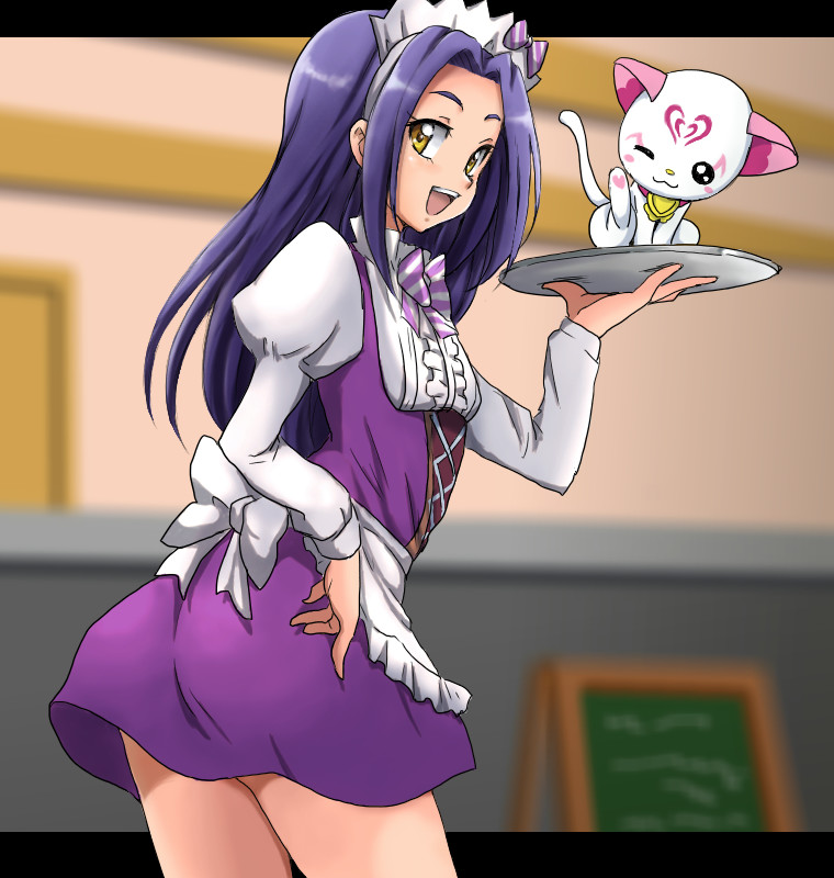 :d bow cat cowboy_shot hairband hummy_(suite_precure) juliet_sleeves kurokawa_eren letterboxed long_hair long_sleeves looking_at_viewer looking_back open_mouth precure puffy_sleeves purple_hair purple_skirt seiren_(suite_precure) skirt smile striped striped_bow suite_precure tray uraki waitress white_bow yellow_eyes