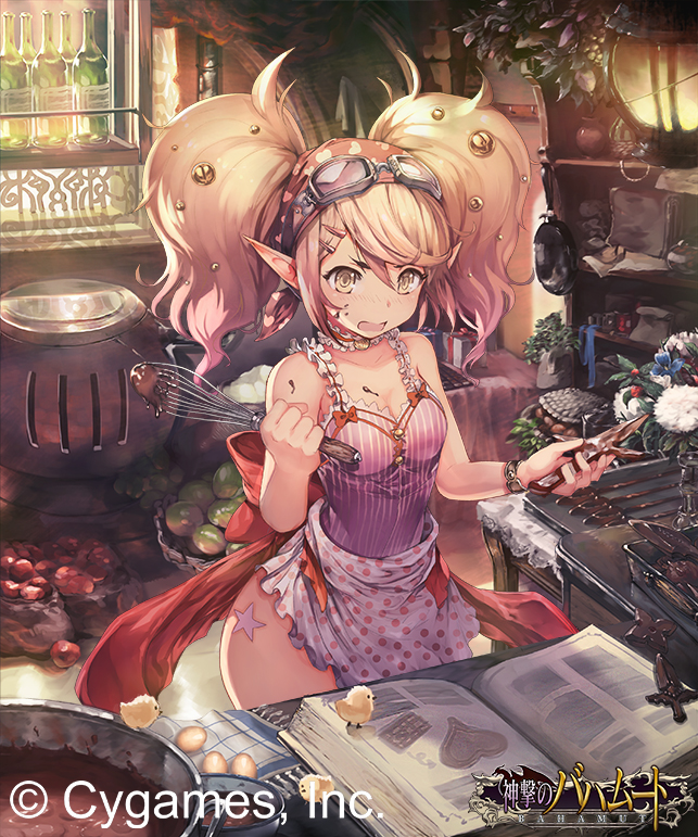 :d antenna_hair apple apron arch bag bandana bangs bare_shoulders beak big_hair bird blonde_hair blue_ribbon blush book bottle box bracelet breasts bucket buckle buttons camisole chick chocolate chocolate_making chocolate_on_breasts chocolate_on_face choker cleavage clothes_hanger counter cowboy_shot dagger day elf flower food food_on_face frilled_choker frills fruit frying_pan gift gift_box glass goggles goggles_on_head grapes hair_between_eyes hair_ornament hairclip hairpin hamadaichi handbag head_scarf heart heart_print hips holding indoors jewelry jug kitchen lamp lantern leaf long_hair neck_garter open_book open_mouth oven pages paper pendant pipes plant pointy_ears polka_dot polka_dot_apron pot recipe_(object) red_ribbon red_skirt reflection ribbon shelf shingeki_no_bahamut skirt sleeveless small_breasts smile solo spoon standing star striped sunlight swept_bangs table tattoo teddy_(khanshin) thighs tissue towel tray twintails valentine vase vertical_stripes waist_apron weapon whisk window windowsill yellow_eyes