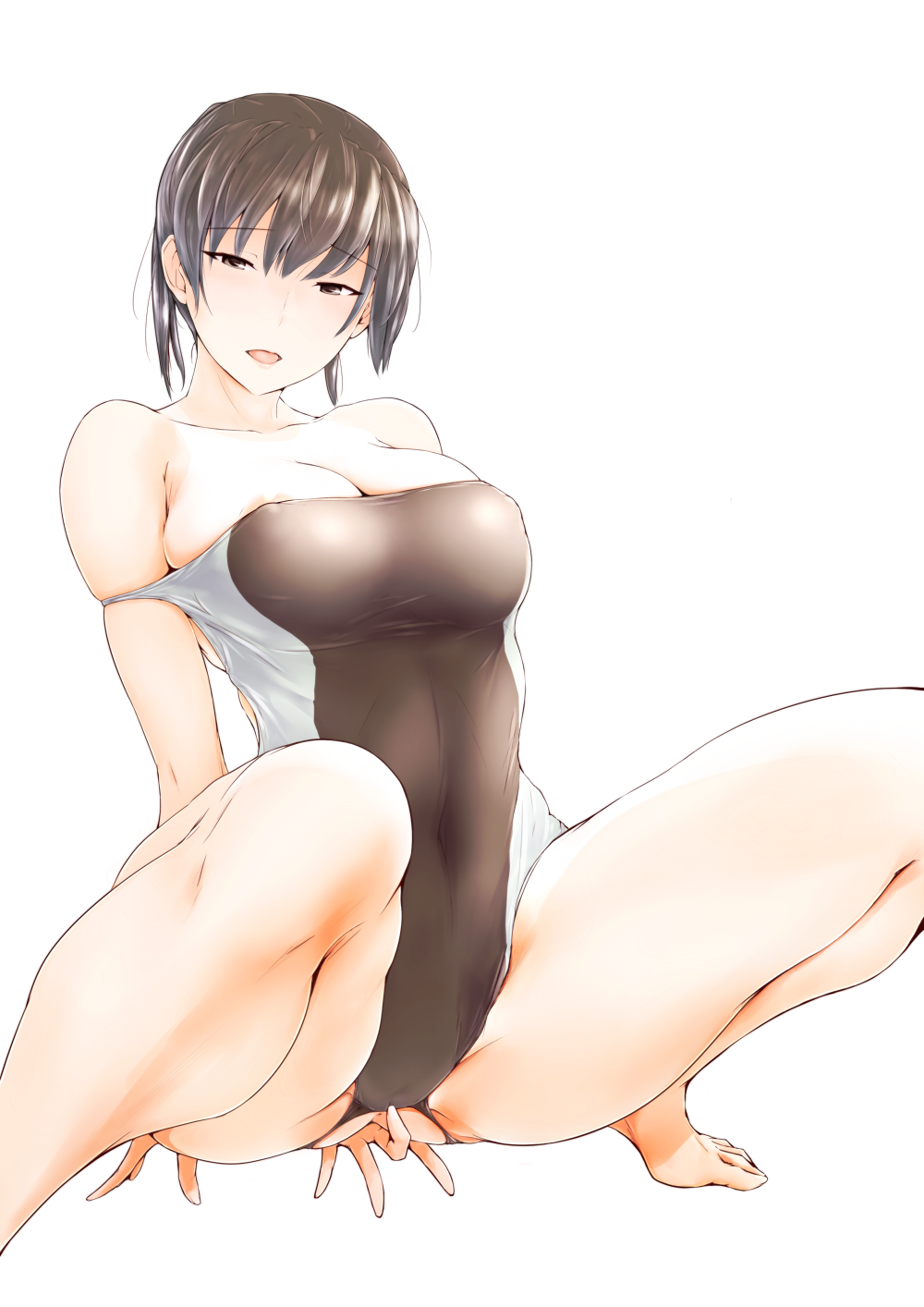 amagami barefoot black_eyes black_hair blush breasts cameltoe cleavage commentary_request competition_swimsuit cowboy_shot eyebrows_visible_through_hair fingering highres large_breasts looking_at_viewer mons_pubis navel nipple_slip nipples one-piece_swimsuit open_mouth ponytail sasaki_akira_(ugc) sexually_suggestive simple_background smile solo spread_legs squatting swimsuit tan tanline tsukahara_hibiki white_background