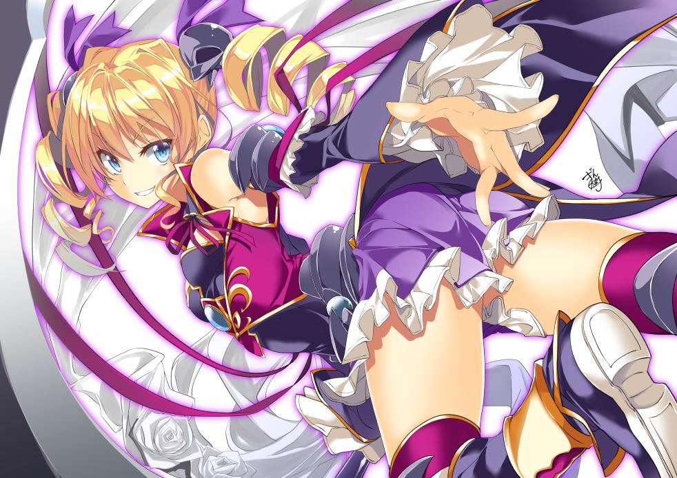 &gt;:) bare_shoulders blonde_hair blue_eyes commentary_request detached_sleeves dress drill_hair gintarou_(kurousagi108) grin hair_ornament hair_ribbon koihime_musou long_sleeves looking_at_viewer purple_dress purple_ribbon ribbon shin_koihime_musou smile solo sousou tsurime v-shaped_eyebrows