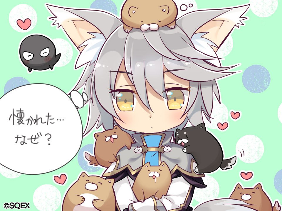 &gt;_&lt; animal animal_ears animal_on_head animal_on_shoulder blush closed_eyes dog dog_on_head eco_(petticoat) heart holding holding_animal official_art on_head pack_of_dogs pop-up_story rita_drake short_hair silver_hair solo st._feles_gakuen_uniform tail thought_bubble too_many too_many_dogs translated wolf_ears wolf_girl wolf_tail yellow_eyes