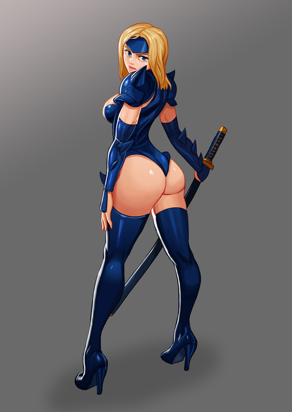 ass blonde_hair blue_eyes blue_footwear blue_legwear blue_leotard boongari boots breasts grey_background high_heel_boots high_heels katana large_breasts leotard long_hair looking_at_viewer looking_back mizuki_(punisher) shoulder_spikes solo spikes sword the_punisher thigh_boots thighhighs thighs weapon