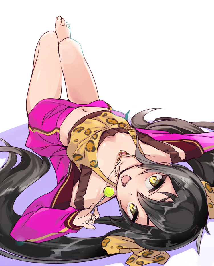 :d bare_shoulders barefoot black_hair blush breasts candy cleavage downblouse food from_behind hand_up heart heart_necklace holding holding_food idolmaster idolmaster_cinderella_girls jacket jewelry kawaty lollipop long_hair long_sleeves looking_at_viewer looking_back lying matoba_risa navel off_shoulder on_back open_clothes open_jacket open_mouth open_track_jacket outstretched_arm pendant pink_jacket saliva saliva_trail simple_background sleeveless small_breasts smile solo stomach tank_top toes twintails unzipped upside-down very_long_hair white_background yellow_eyes