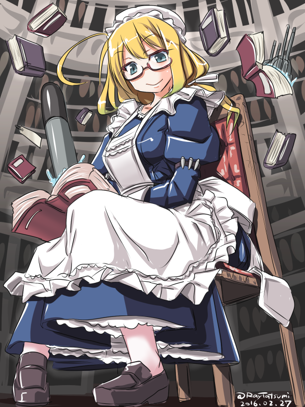 aa_gun adapted_costume alternate_costume apron blonde_hair blue_dress blue_eyes book chair dress enmaided glasses hat i-8_(kantai_collection) invocation kantai_collection library low_twintails maid mary_janes mob_cap red-framed_eyewear shoes sitting solo tatsumi_ray thighhighs torpedo twintails white_legwear