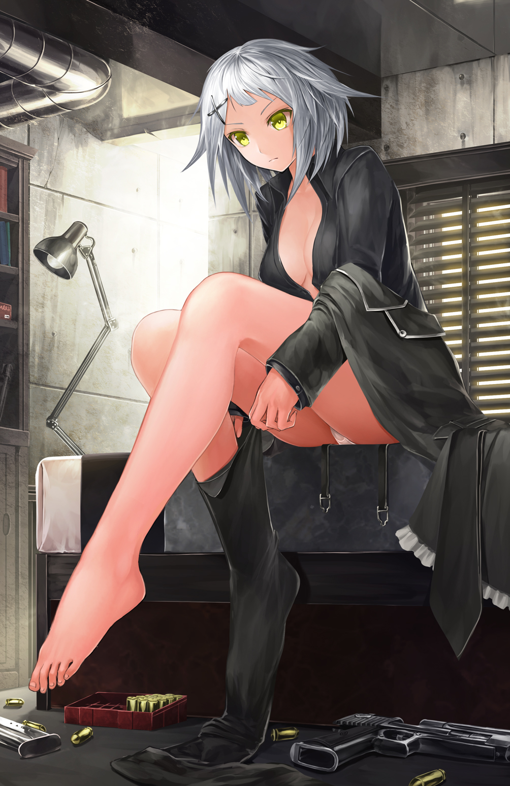 ammunition bad_id bad_pixiv_id bangs barefoot belt black_jacket black_legwear black_neckwear black_shirt book box breasts bullet cabinet cartridge cleavage closed_mouth collared_shirt concrete desert_eagle desk_lamp dressing ductwork feet frills frown full_body gun hair_flaps hair_ornament hairclip handgun highres indoors jacket lamp light_bulb long_sleeves looking_away looking_down magazine_(weapon) medium_breasts necktie no_bra no_pants no_shoes off_shoulder on_bed open_clothes open_shirt original panties pantyshot pantyshot_(sitting) pipes pistol reflection revision shelf shirt short_hair shutter silver_hair sitting solo solru thighhigh_dangle thighhighs thighhighs_pull tiptoes toenails underwear weapon white_panties window x_hair_ornament yellow_eyes