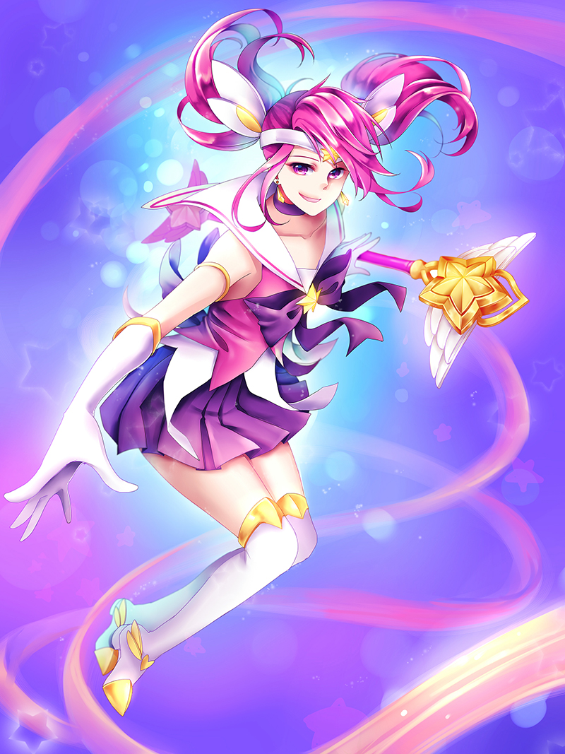 alternate_costume baton boots bow brooch choker collarbone earrings elbow_gloves gloves hair_ornament jewelry league_of_legends ling_(vivianling) looking_at_viewer luxanna_crownguard magical_girl pink_eyes pink_hair pleated_skirt purple_choker school_uniform serafuku shirt skirt smile solo star_guardian_lux thigh_boots thighhighs thighs tiara twintails white_footwear white_gloves white_legwear