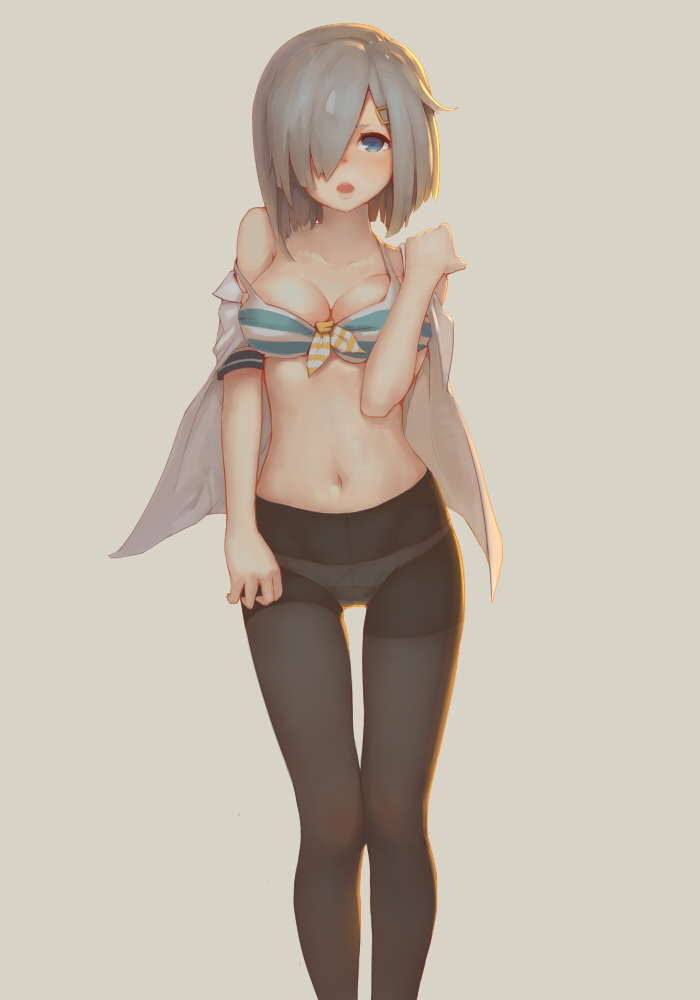 backlighting black_legwear blue_eyes breasts cleavage collarbone cowboy_shot front-tie_top grey_background hair_ornament hair_over_one_eye hairclip hamakaze_(kantai_collection) kantai_collection large_breasts legs_together looking_at_viewer no_pants off_shoulder open_clothes open_mouth open_shirt panties panties_under_pantyhose pantyhose school_uniform serafuku shirt short_hair short_sleeves silver_hair simple_background solo standing strap_slip underwear undressing yong_mei-uta