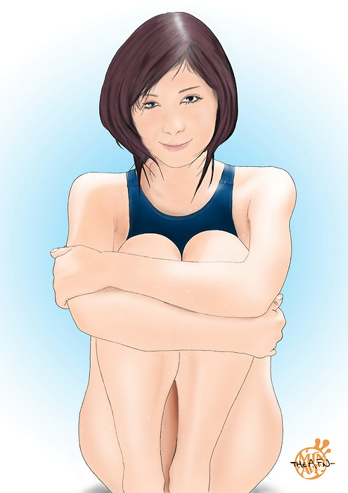 1girl female holding_knees miu_nakamura nakamura_miu short_hair smile solo swimsuit
