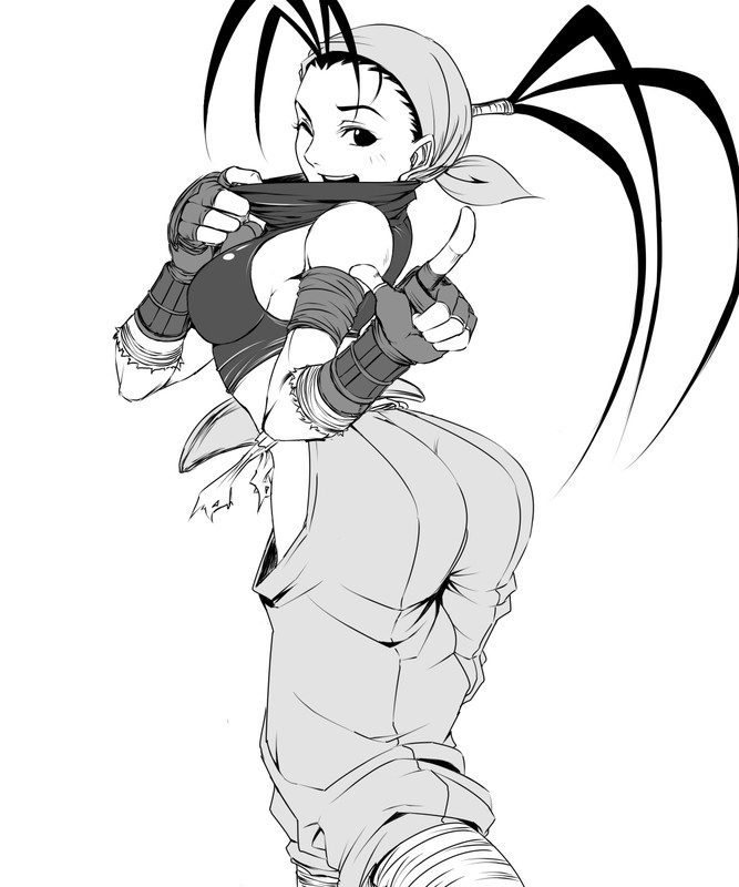 arched_back ass bare_shoulders breasts fingerless_gloves gloves greyscale hip_vent ibuki_(street_fighter) large_breasts looking_back monochrome ninja one_eye_closed sideboob smile solo street_fighter suta_furachina