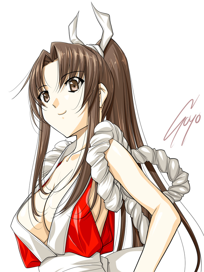 breasts brown_eyes brown_hair cleavage fatal_fury large_breasts long_hair ponytail shiranui_mai signature simple_background smile solo soyosoyo the_king_of_fighters