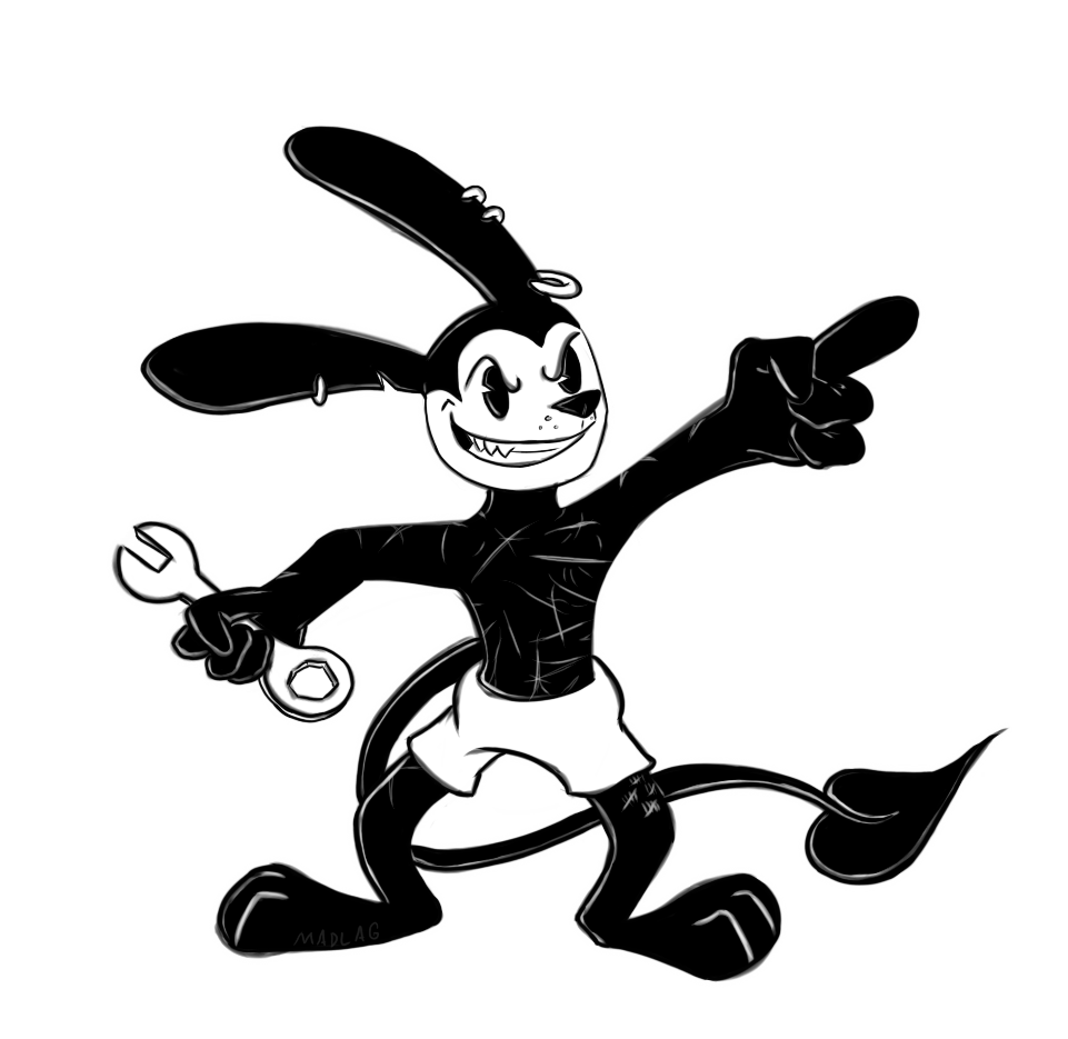 2019 3_fingers anthro black_and_white clothed clothing demon digital_drawing_(artwork) digital_media_(artwork) ear_piercing fangs grin holding_object lagomorph long_ears long_tail madlag male mammal markings monochrome mostly_nude old_toon pants piercing pose rabbit scar signature smile solo solo_focus spade spade_tail standing teeth toes tools toony topless wrench