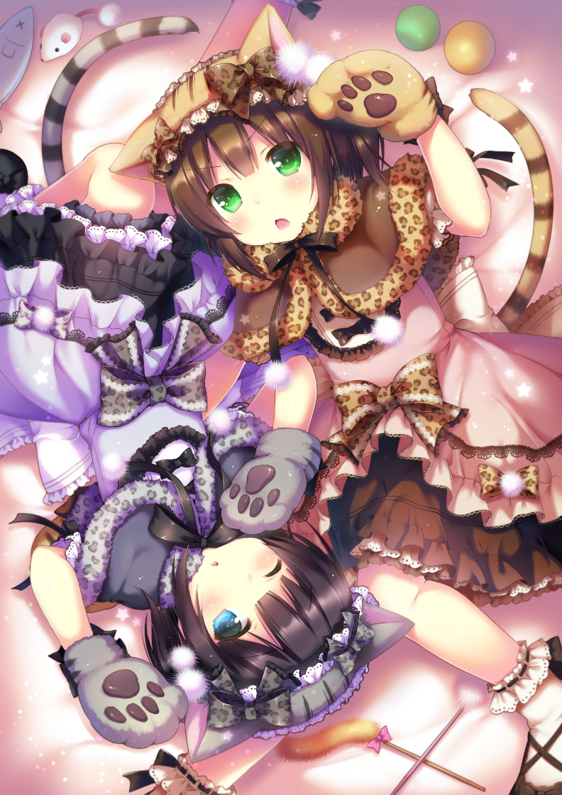 animal_ears animal_print black_hair blue_eyes blush bow brown_hair capelet cat_ears cat_paws cat_tail cat_teaser chestnut_mouth dress fake_animal_ears fang furrowed_eyebrows gloves green_eyes hairband headdress lace lace-trimmed_dress leopard_print lolita_hairband lying multiple_girls one_eye_closed open_mouth original paw_gloves paws pom_pom_(clothes) print_bow print_ribbon ribbon sakura_puchirou short_hair striped_tail tail tiger_print