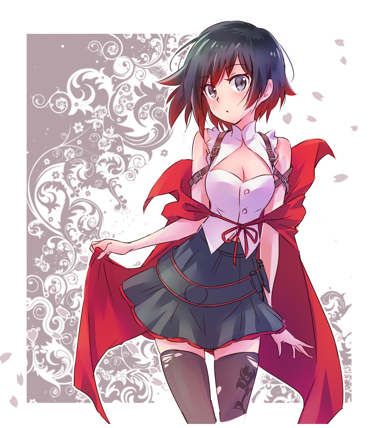 1girl adapted_costume bare_shoulders black_hair black_skirt breasts cape cleavage cleavage_cutout gradient_hair grey_eyes highres iesupa looking_at_viewer medium_breasts multicolored_hair off_shoulder print_legwear red_cape red_hair ruby_rose rwby shirt short_hair skirt sleeveless sleeveless_shirt solo thighhighs two-tone_hair white_shirt
