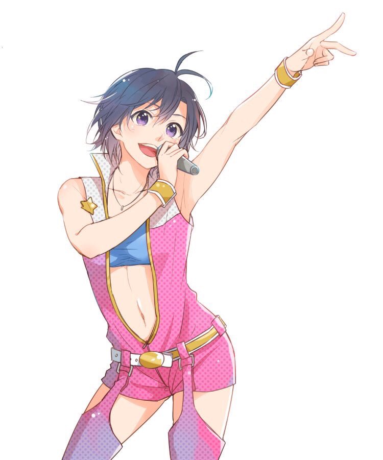 antenna_hair bare_shoulders belt black_hair c062 center_opening idolmaster idolmaster_(classic) kikuchi_makoto md5_mismatch microphone music navel open_mouth outstretched_arm pink_diamond_765 purple_eyes short_hair simple_background singing solo standing star white_background wrist_cuffs
