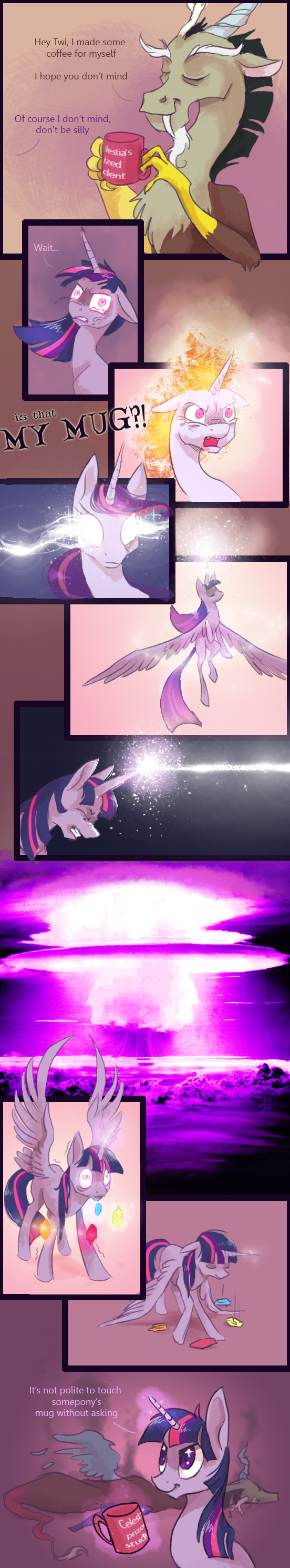 2015 absurd_res comic cup discord_(mlp) draconequus equine explosion female fire friendship_is_magic graypaint hi_res horn male mammal my_little_pony overreaction tears twilight_sparkle_(mlp) winged_unicorn wings