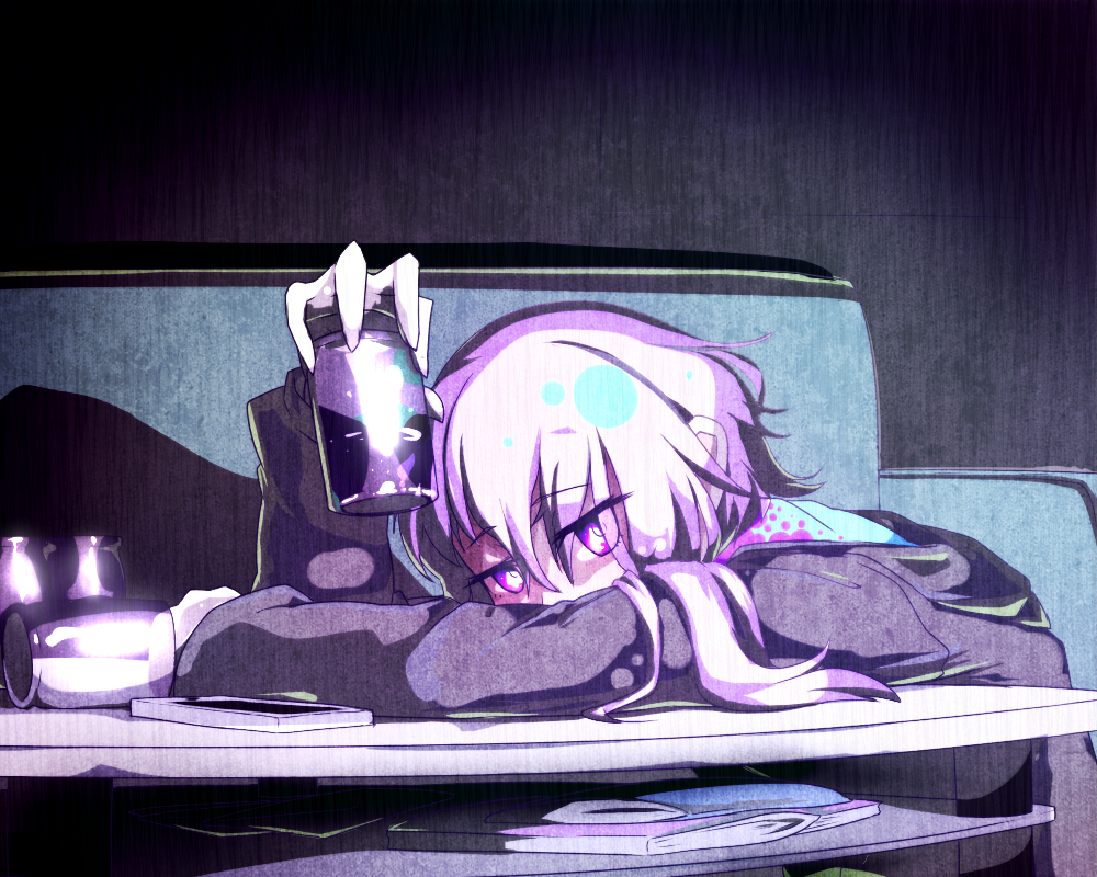 book bottle couch expressionless glass_bottle grey_background hair_between_eyes head_on_table head_rest holding holding_bottle hood hood_down hoodie jitome jug long_hair long_sleeves looking_at_viewer purple_eyes purple_hair reflection shaded_face shiny sidelocks simple_background solo table transparent vocaloid voiceroid yuuki_(yukigeshou_hyouka) yuzuki_yukari