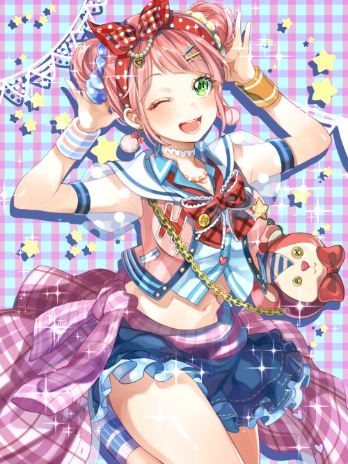 1girl :3 ;d alternate_hairstyle arms_up badge bag bang_dream! bangs bear_bag blue_scrunchie blue_skirt blush bow bowtie button_badge button_eyes chains choker clothes_around_waist double_bun green_eyes hair_ornament hair_ribbon hair_scrunchie hairpin heart ito22oji jewelry looking_at_viewer midriff necklace one_eye_closed open_mouth pearl pink_hair plaid plaid_background plaid_neckwear plaid_shirt polka_dot polka_dot_ribbon polka_dot_scrunchie pom_pom_earrings red_eyes red_ribbon ribbon sailor_collar scrunchie see-through_sleeves shirt shirt_around_waist shoulder_bag sidelocks skirt smile socks solo sparkle standing standing_on_one_leg star string_of_flags sweatband uehara_himari white_choker yellow_scrunchie