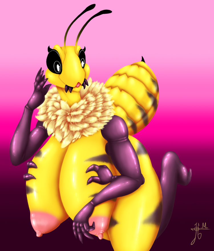 abstract_background antennae anthro areola arthropod bee big_breasts black_eyes breasts fangs huge_breasts hyper hyper_breasts insect jonsthaman nude signature sting wide_hips