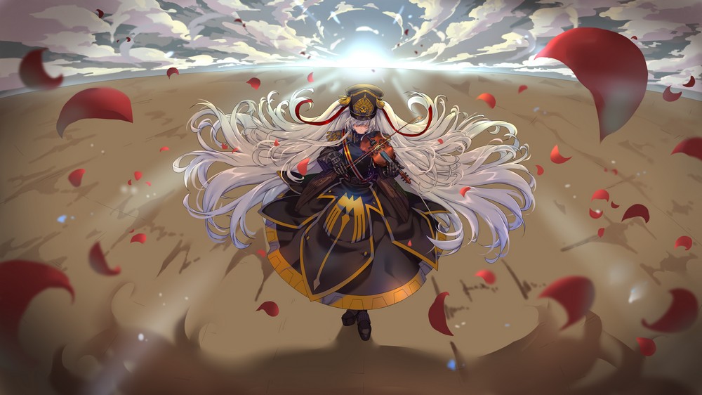 1girl absurdly_long_hair altair_(re:creators) black_dress black_gloves cloud dress floating_hair full_body gloves hair_over_eyes holding holding_instrument instrument long_hair malatutu military military_uniform music outdoors petals playing_instrument re:creators rose_petals silver_hair solo standing sunset uniform very_long_hair violin