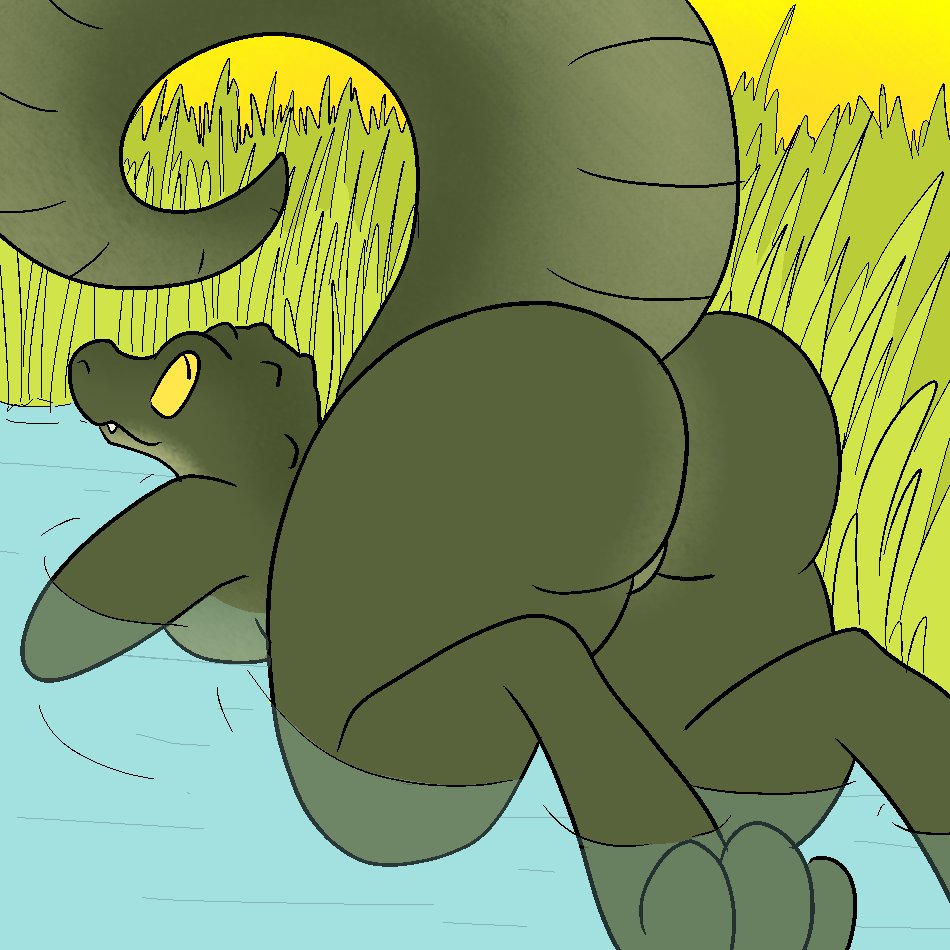 2016 alligator anthro breasts butt female grass nude outside presenting raised_tail reptile scalie smile snaggletooth solo thick_thighs trout_(artist) water