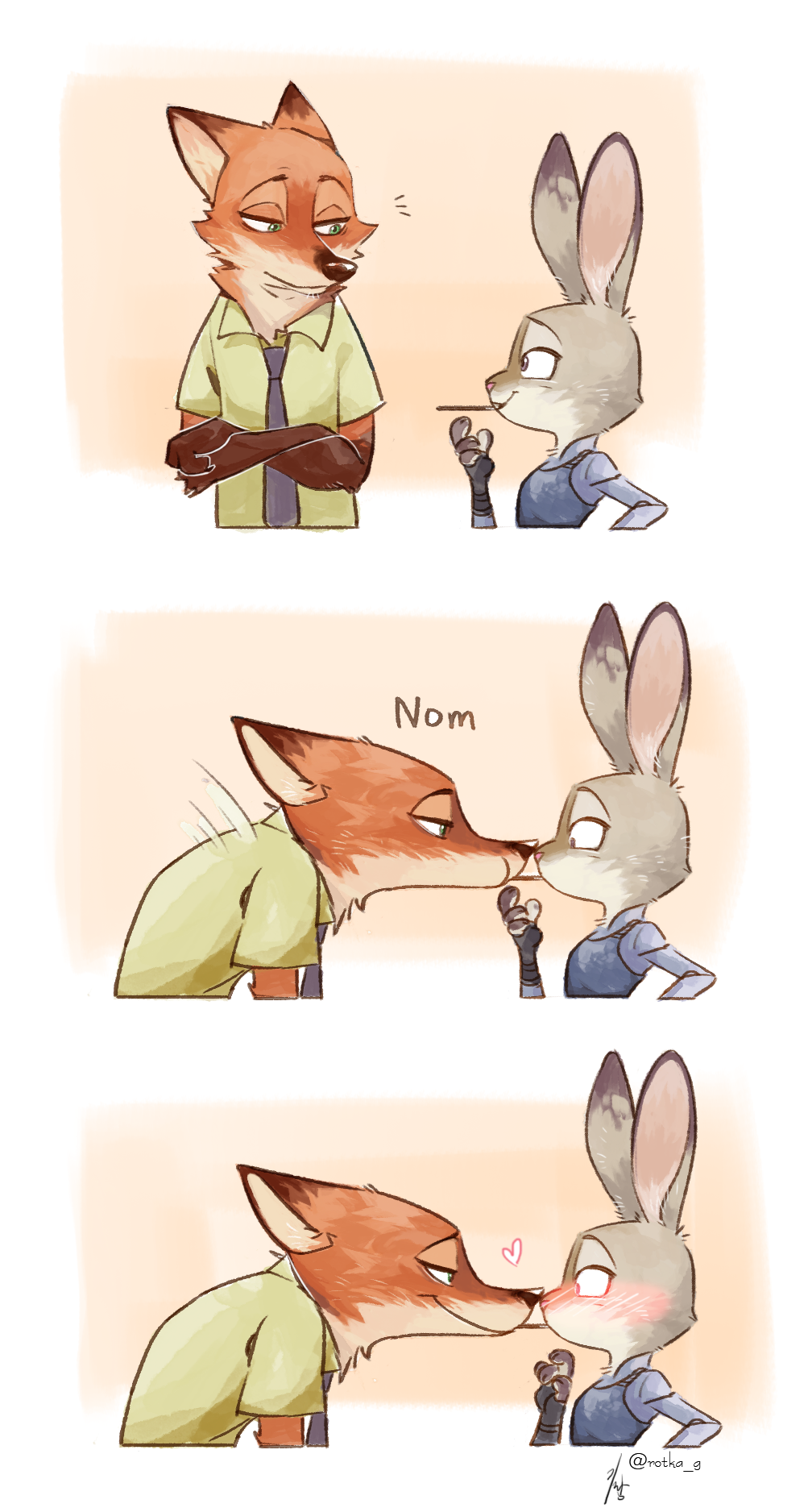 &lt;3 anthro canine cute disney duo female fox fur ganym0 grey_fur hi_res judy_hopps lagomorph long_ears love male mammal nick_wilde nom orange_fur pocky rabbit shy size_difference zootopia