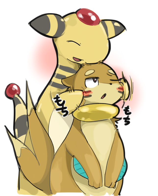 ampharos blush buizel cheek_rub duo japanese_text nintendo open_mouth pok&eacute;mon pok&eacute;mon_mystery_dungeon rubbing_cheeks text video_games yatosuke