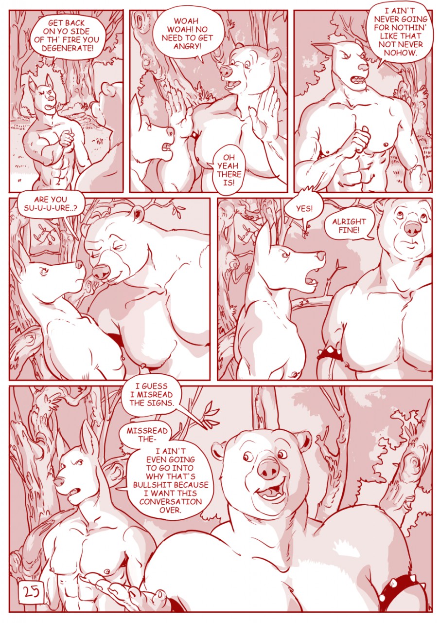 bear black_and_white canine clearing clothing comic duo english_text forest furronika hi_res log male mammal monochrome nipples speech_bubble text tree wood