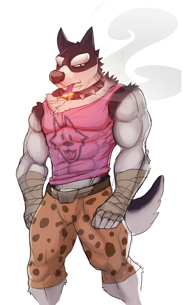 2016 abs anthro biceps canine chest_tuft clothing cuson dog dog_treat doggo fur hi_res looking_at_viewer male mammal muscular muscular_male pecs shirt smoke smoking tank_top tuft undertale video_games