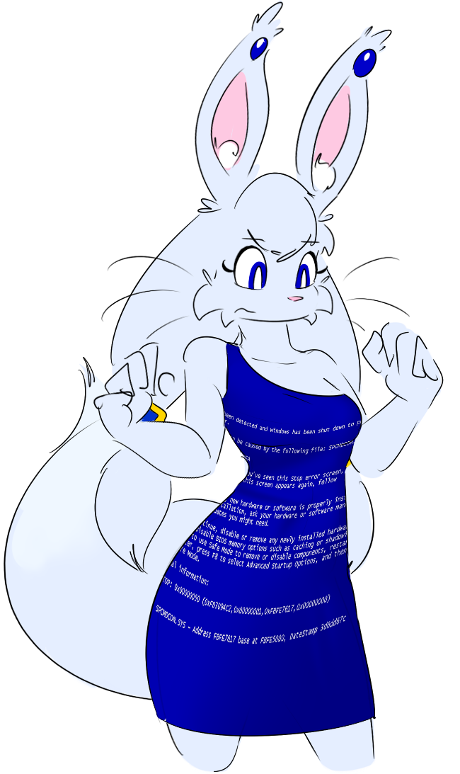 2016 alpha_channel anthro blue_eyes blue_screen_of_death blue_theme breasts clothing dress ear_piercing elpatrixf english_text female fur hair inner_ear_fluff jewelry kriyu lagomorph long_ears mammal piercing rabbit simple_background solo text transparent_background whiskers white_fur white_hair white_sclera