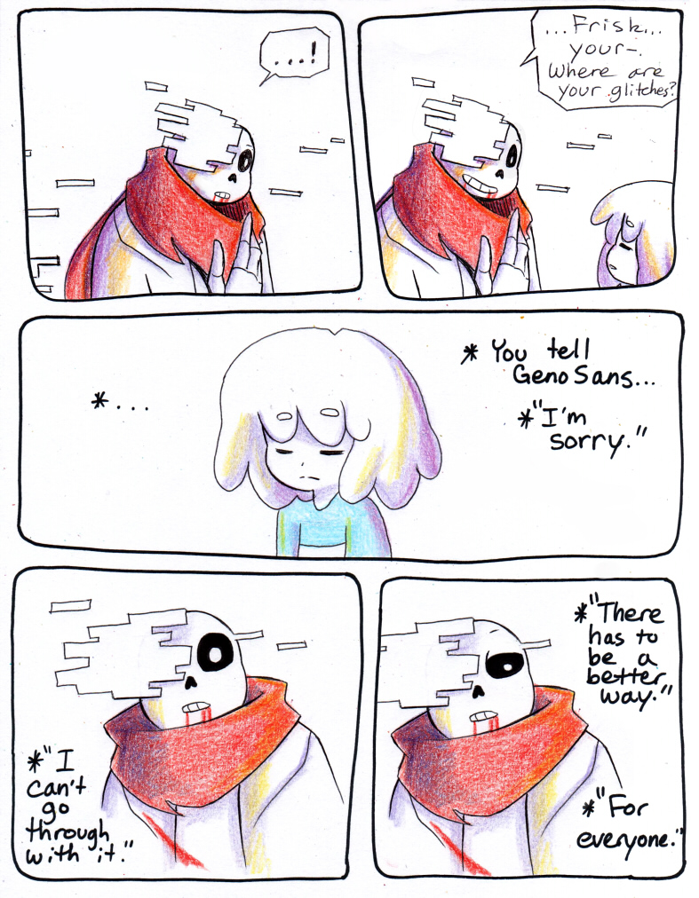 aftertale animated_skeleton blood bone clothed clothing comic dialogue english_text geno_sans_(aftertale)_(character) group human loverofpiggies male mammal protagonist_(undertale) scarf skeleton smile text undead undertale video_games wounded