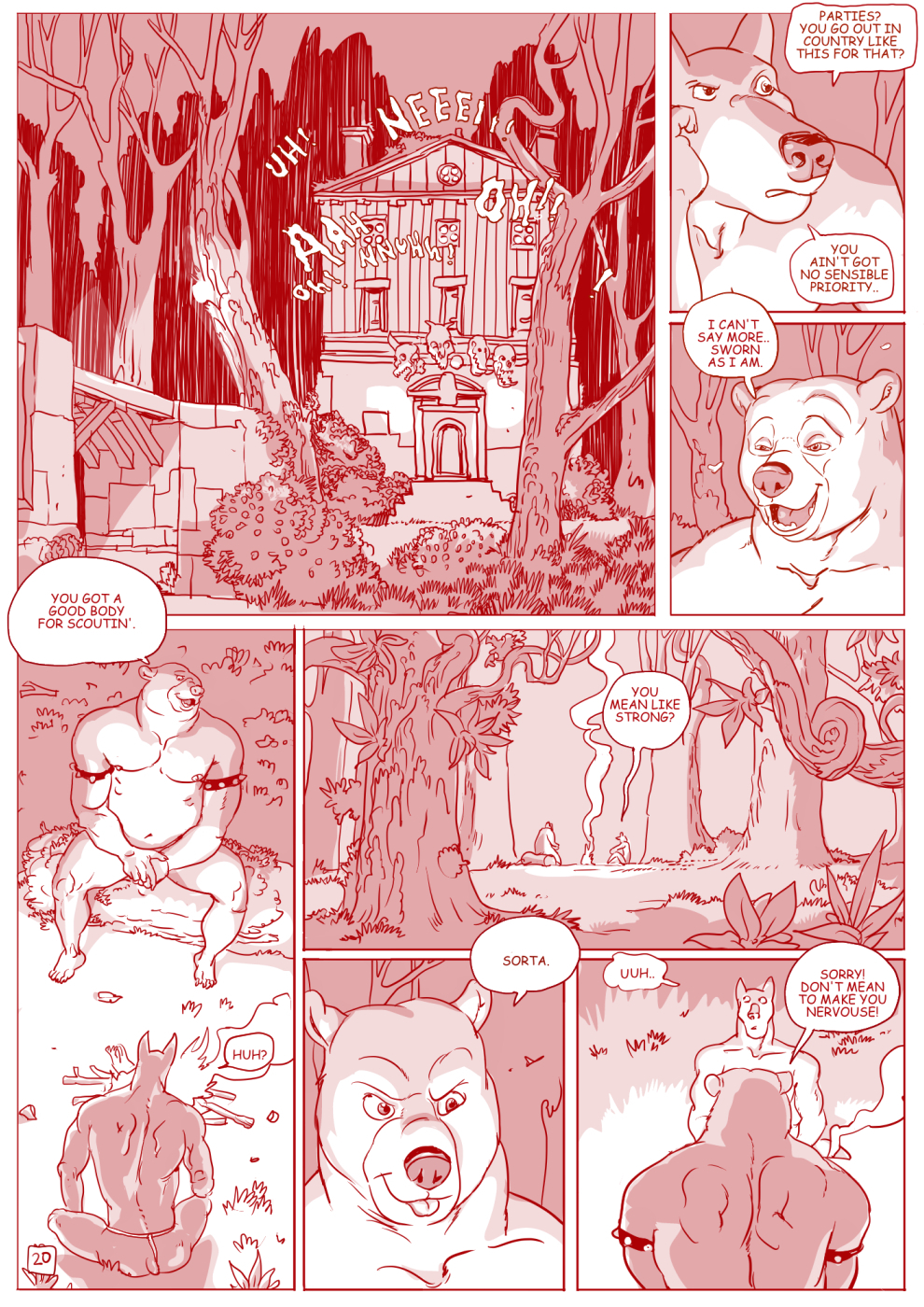 bear black_and_white campfire canine clearing clothing comic convenient_censorship duo eating english_text forest furronika hi_res house log loincloth male mammal monochrome nipples speech_bubble text tree wood