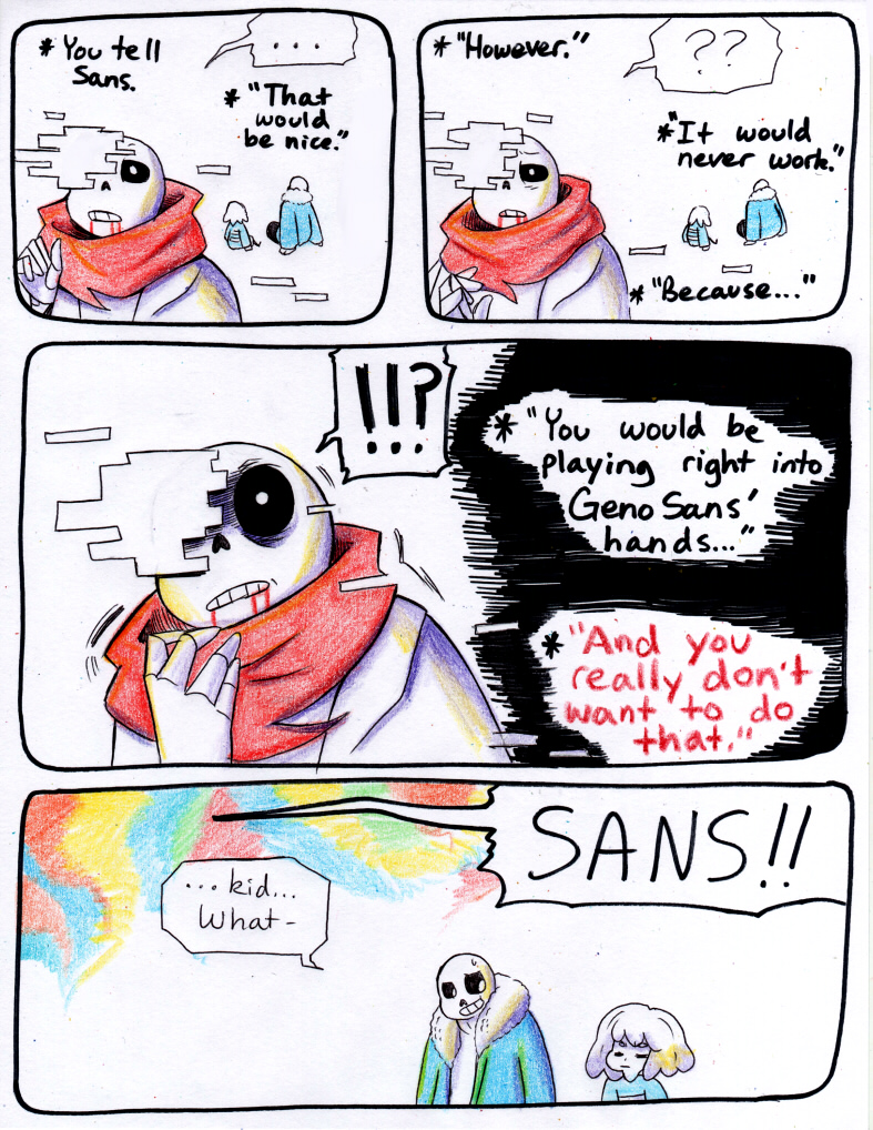 ! ? aftertale animated_skeleton blood bone clothed clothing comic dialogue english_text geno_sans_(aftertale)_(character) group human loverofpiggies male mammal protagonist_(undertale) sans_(undertale) scarf skeleton text undead undertale video_games