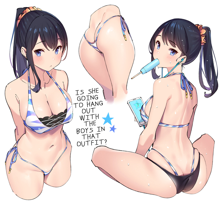 1girl :&lt; arms_behind_back ass back bangs bikini black_bikini_bottom black_hair breasts butt_crack cellphone cleavage commentary_request food hair_between_eyes hard_translated holding holding_phone layered_bikini looking_at_viewer looking_back multiple_views navel orange_scrunchie phone ponytail pop_kyun popsicle scrunchie sitting smartphone ssss.gridman string swimsuit takarada_rikka thighs thong translated v_arms
