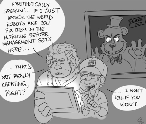 2014 animatronic anthro crossover dialogue disney english_text five_nights_at_freddy's fix-it_felix freddy_(fnaf) group human low_res machine male mammal monochrome necktie open_mouth ralph_(wreck-it_ralph) robot smile speech_bubble teeth text video_games watermark wreck-it_ralph