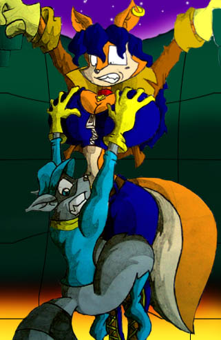 anthro big_breasts blue_eyes blue_hair bottomless breast_grab breasts canine carmelita_fox cleavage clothed clothing duo ear_piercing female fox fur gloves grey_fur hair hand_on_breast looking_down low_res male male/female mammal midriff orange_fur piercing raccoon sly_cooper sly_cooper_(series) suspension video_games virus-20