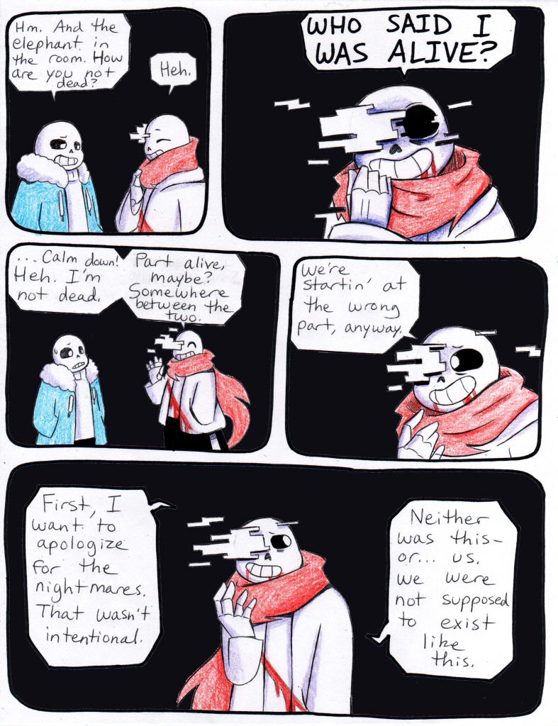 aftertale animated_skeleton bone clothed clothing comic dialogue duo english_text loverofpiggies male not_furry sans_(undertale) skeleton text traditional_media_(artwork) undead undertale video_games wounded