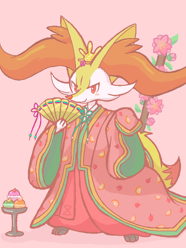 3_fingers apple beverage black_fur blossom blush braixen canine clothing crown cute fan female flower fluffy_tail food fox fruit fur gd_over_058 inner_ear_fluff japanese_culture looking_at_viewer mammal mandarin nintendo pink_background plant pok&eacute;_puff pok&eacute;mon poke_puff red_eyes red_fur red_nose simple_background smile solo standing stick twig video_games white_fur wood yellow_fur