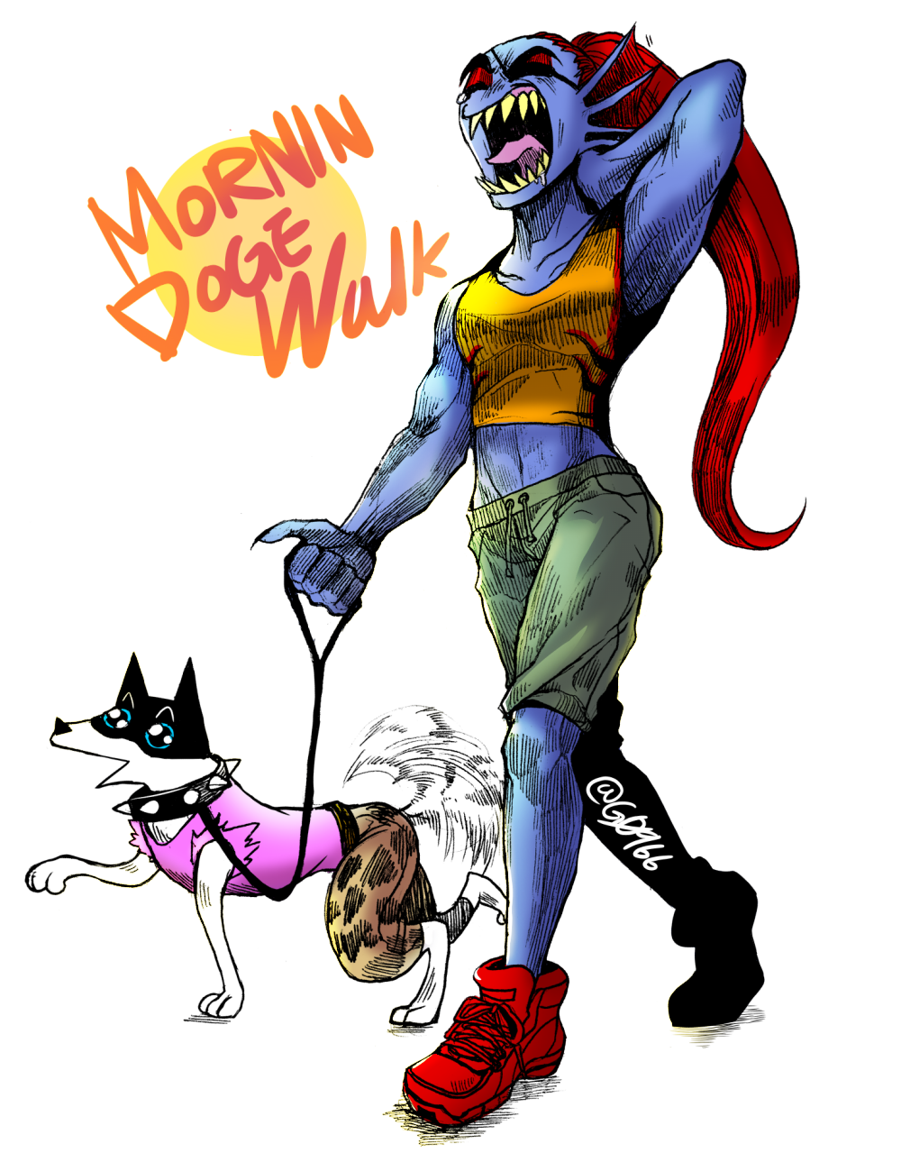 canine collar dog doggo eye_patch eyewear female fish g0966 hair hi_res leash male mammal marine monster open_mouth red_hair simple_background text undertale undyne video_games white_background yawn