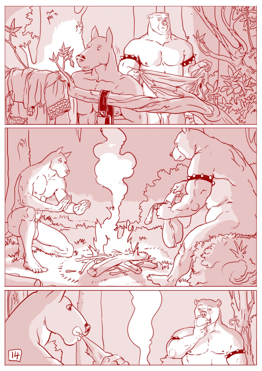 bear belt black_and_white campfire canine clothing comic duo eating forest furronika hi_res loincloth male mammal monochrome nipples penis shirt tree