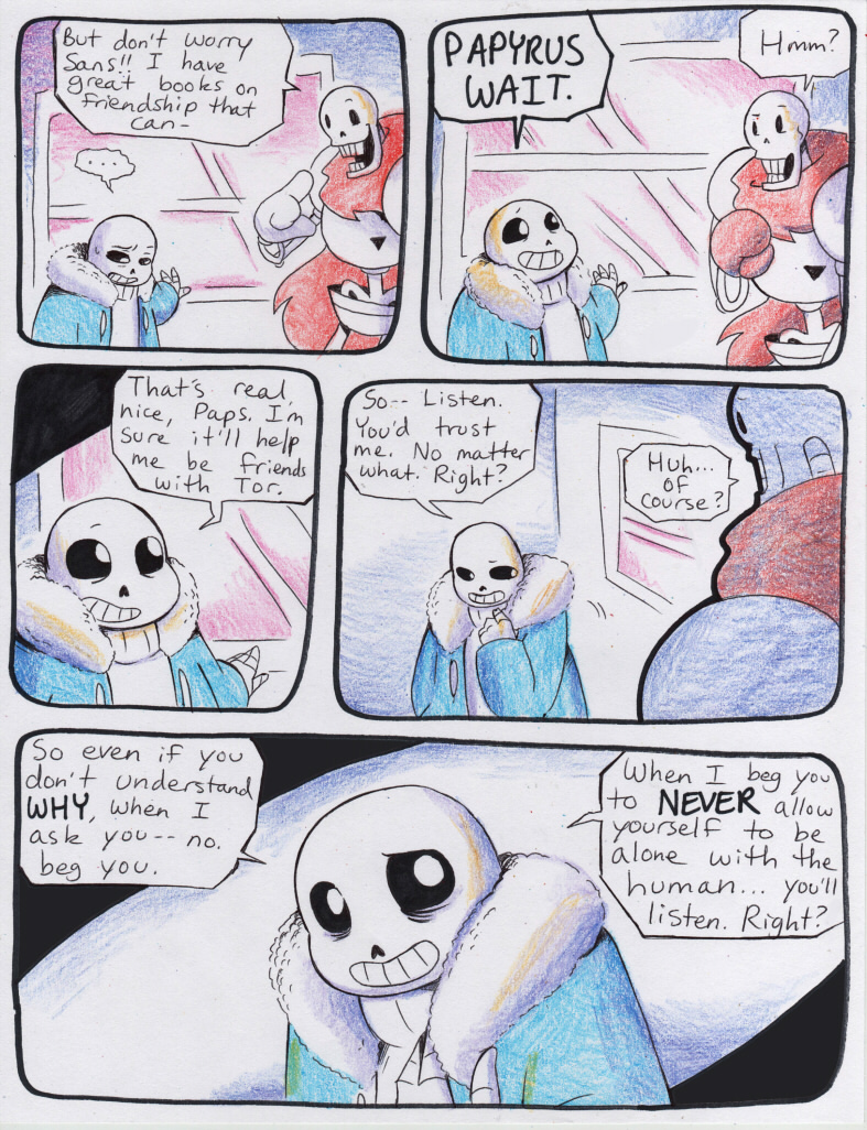 aftertale animated_skeleton biped black_sclera bone cape clothed clothing coat comic dialogue english_text loverofpiggies male motion_lines not_furry open_mouth outside papyrus_(undertale) parka pupilless_eyes raised_eyebrow sans_(undertale) skeleton smile sweat sweatdrop teeth text undead undertale video_games window