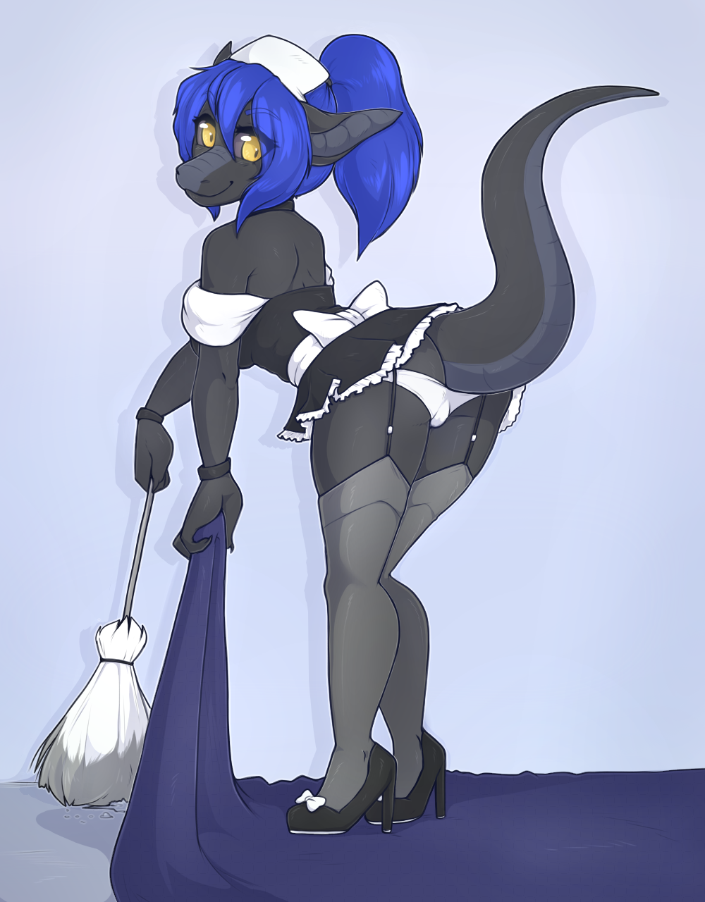 2016 anthro bare_shoulders bent_over black_bottomwear black_topwear blue_hair brush butt clothed clothing dragon female footwear garter_straps grey_scales grey_sclera hair hi_res high_heels holding_object legwear looking_back maid_uniform panties raised_tail rear_view scales scalie shoes smile solo standing stockings tyrii_ta'lana underwear uniform upskirt white_bottomwear white_topwear yellow_eyes zyira