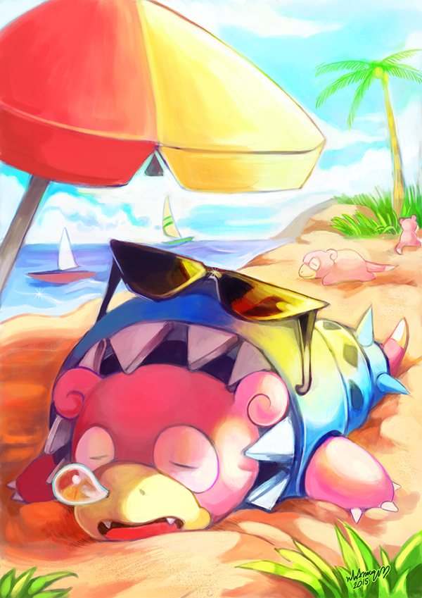 beach_umbrella digital_media_(artwork) eyewear group mega_slowbro nintendo pok&eacute;mon slowbro slowpoke snot solo_focus sunglasses video_games whitmoon