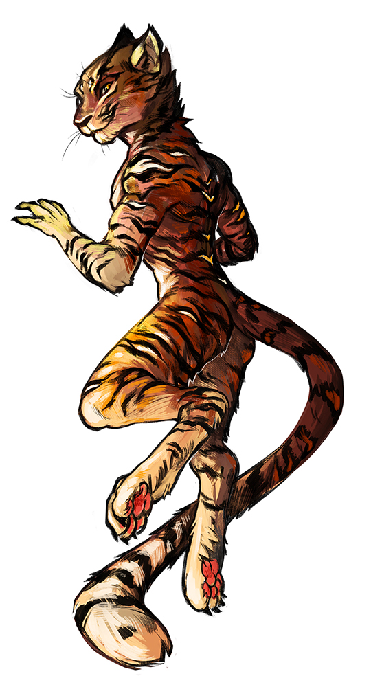 2016 anthro athletic butt_pose feline fur harag jumping looking_at_viewer male mammal nude paws simple_background solo tiger yrvel_(uchoa)