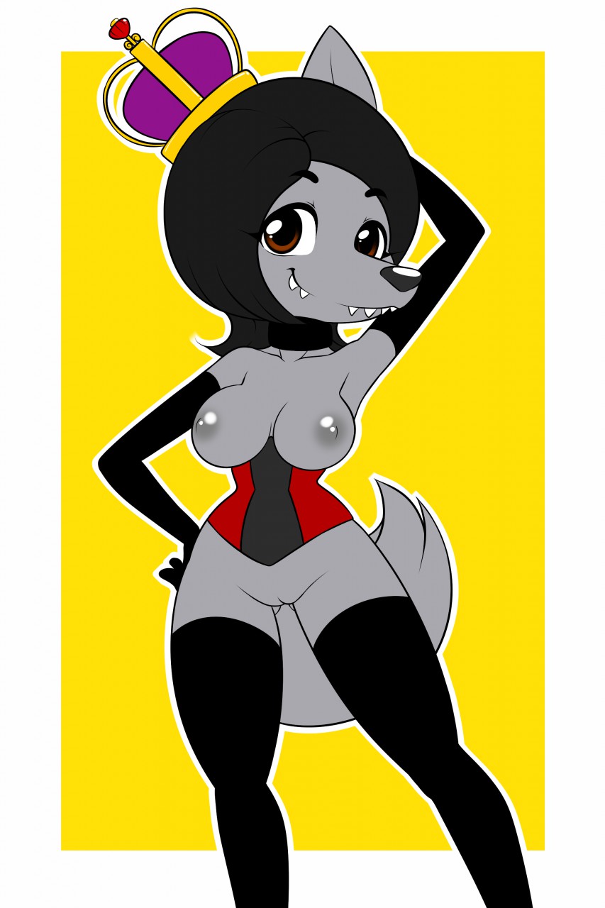 alternate_species anthro basque bottomless breasts bush canine cloth clothed clothing collar crown despicable_me female fur furrification garter_belt garter_straps hair hi_res kloudmutt legwear mammal minions nipples nude pose pussy scarlet_overkill solo stockings topless wolf
