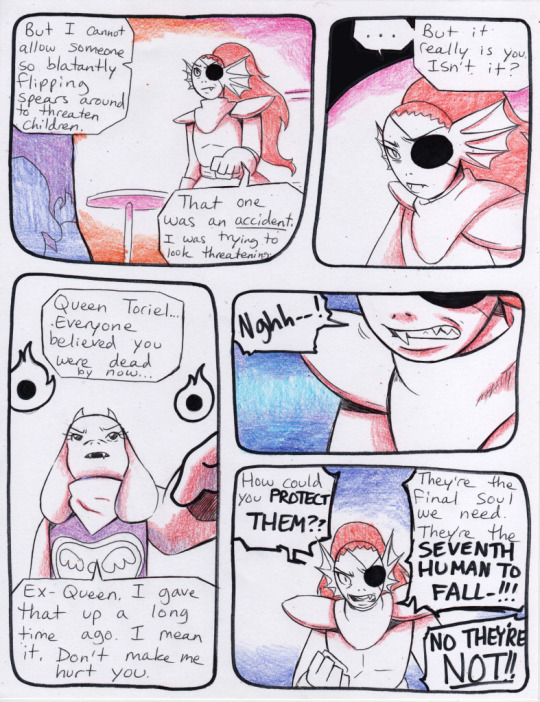 aftertale better_version_at_source boss_monster caprine clothed clothing comic dialogue english_text eye_patch eyewear female fish goat group human loverofpiggies male mammal marine protagonist_(undertale) stool text toriel undertale undyne video_games