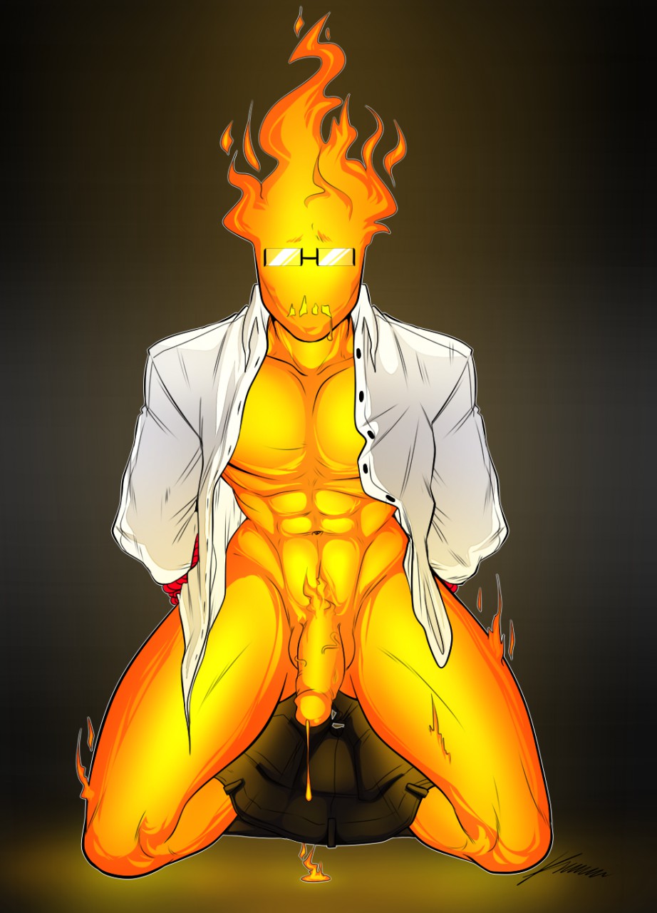 bdsm bondage bound clothed clothing elemental eyewear fire fire_elemental grillby hi_res ksuriuri male penis solo undertale video_games